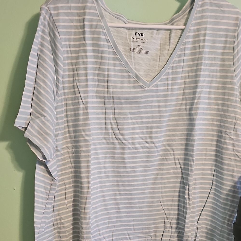 EVRI Sky Blue and White Striped V-Neck Tee